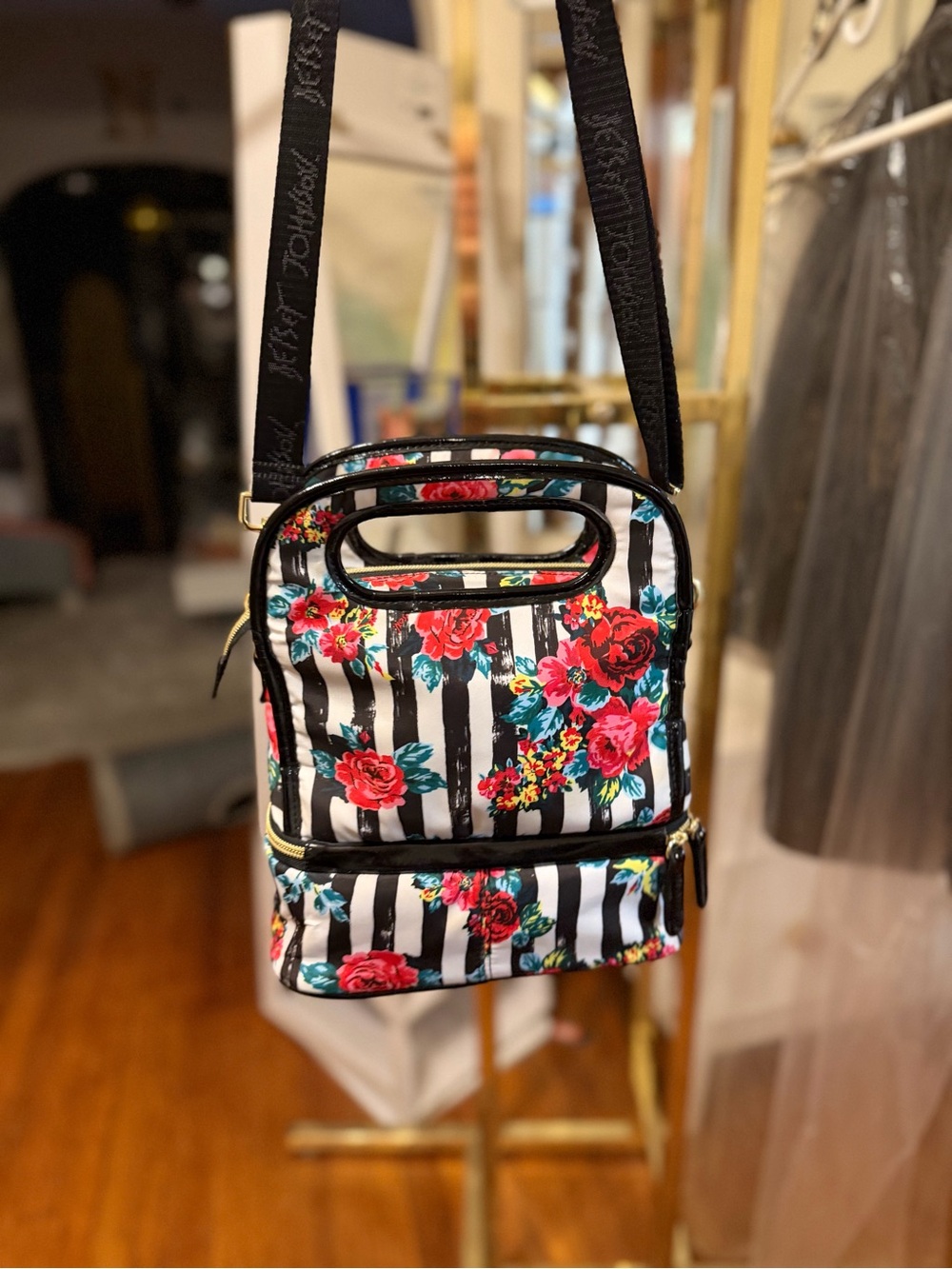 EUC Betsey Johnson Striped Floral Insulated Lunch Bag w/ Strap